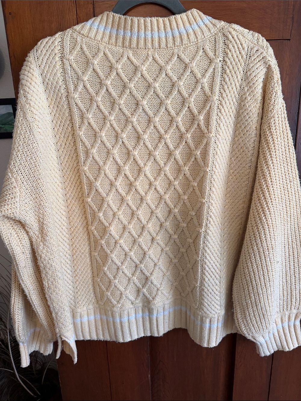 Hayden Beige Cable Knit V-Neck Sweater with White Trim - Picture 3 of 4